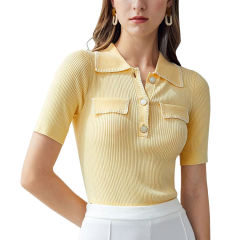 Wholesale Women’s Ribbed Knit Short-Sleeve Polo Top with Contrast Trim