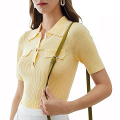 Wholesale Women’s Ribbed Knit Short-Sleeve Polo Top with Contrast Trim