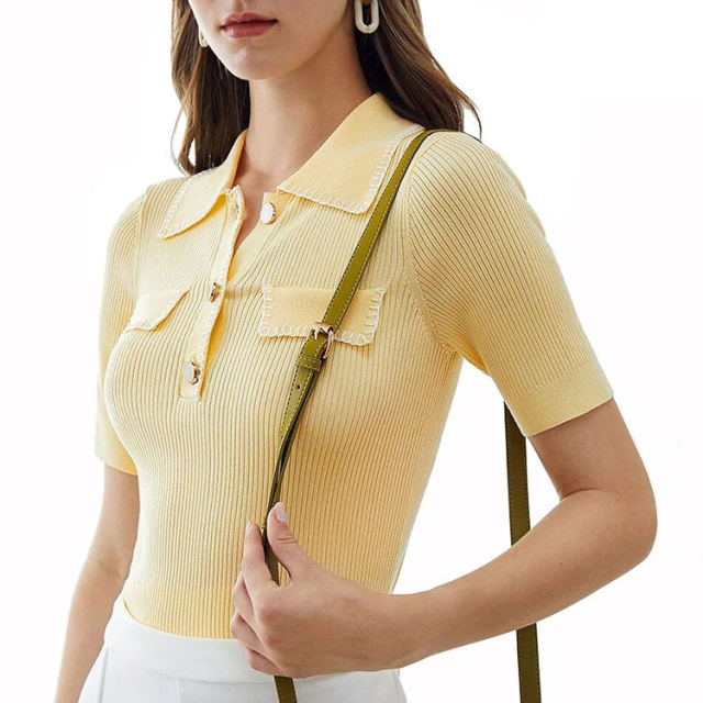 Wholesale Women’s Ribbed Knit Short-Sleeve Polo Top with Contrast Trim
