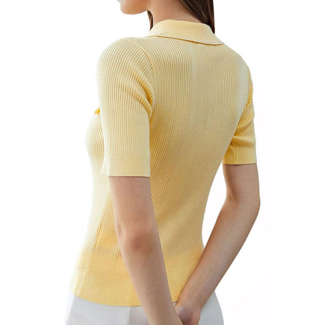 Wholesale Women’s Ribbed Knit Short-Sleeve Polo Top with Contrast Trim