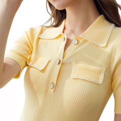 Wholesale Women’s Ribbed Knit Short-Sleeve Polo Top with Contrast Trim