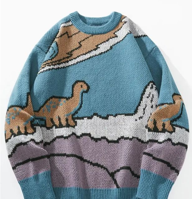 OEM/ODM Knitwear Manufacturer Retro Dinosaur Jacquard Knit Sweater – Customizable Cartoon Winter Pullover for Men and Women |