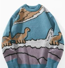 OEM/ODM Knitwear Manufacturer Retro Dinosaur Jacquard Knit Sweater – Customizable Cartoon Winter Pullover for Men and Women |