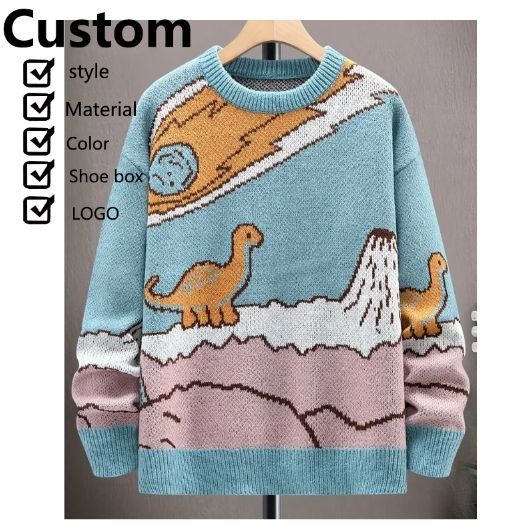 OEM/ODM Knitwear Manufacturer Retro Dinosaur Jacquard Knit Sweater – Customizable Cartoon Winter Pullover for Men and Women |