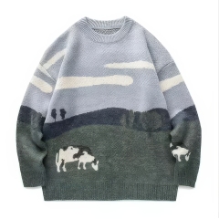 Custom OEM/ODM Pastoral Landscape Jacquard Knit Sweater – Customizable Countryside Scene Pullover with Grazing Cows | Unisex Winter Knitwear