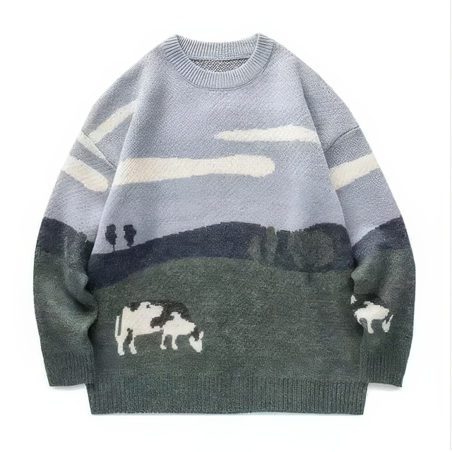 Custom OEM/ODM Pastoral Landscape Jacquard Knit Sweater – Customizable Countryside Scene Pullover with Grazing Cows | Unisex Winter Knitwear