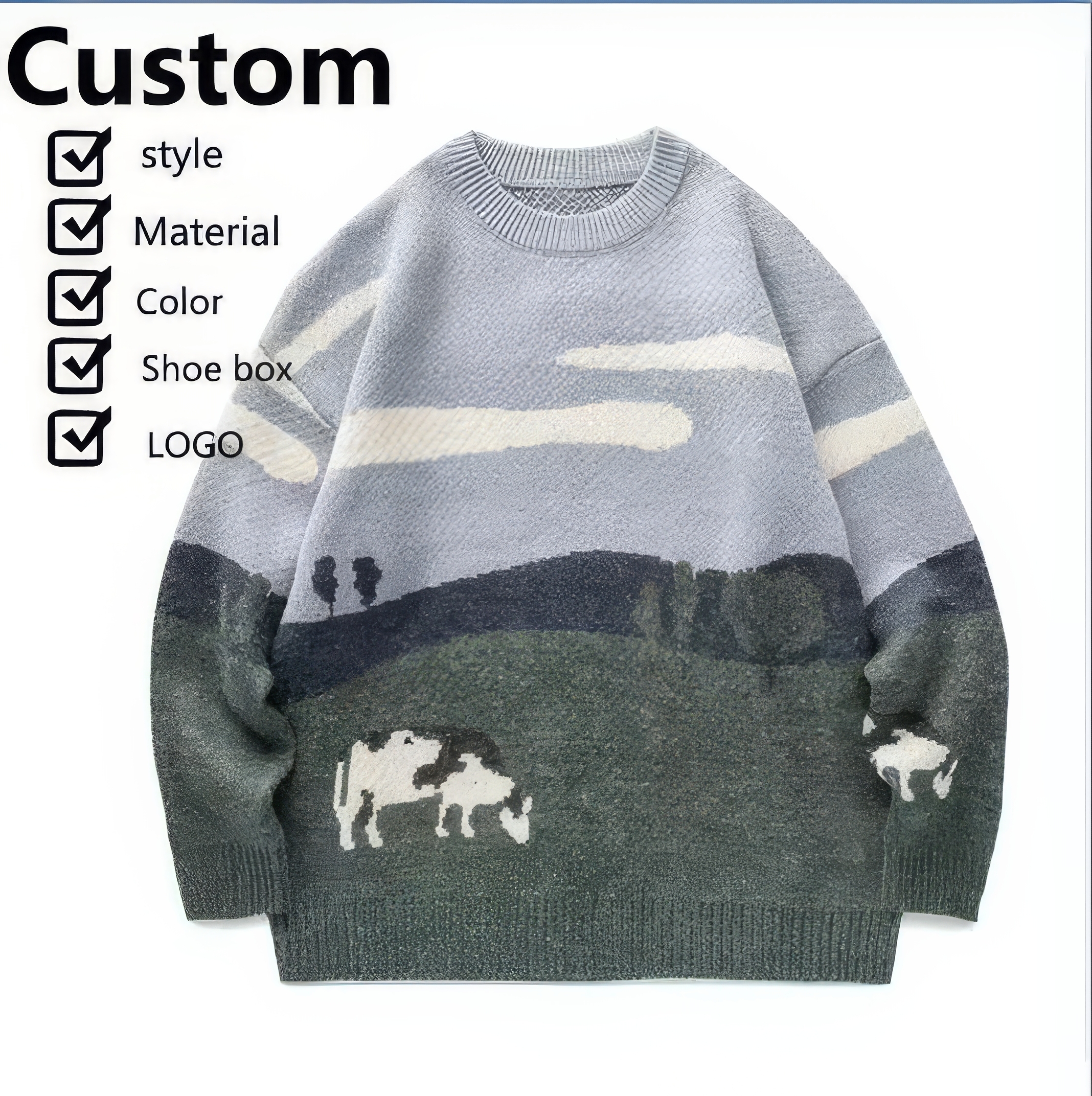 Custom OEM/ODM Pastoral Landscape Jacquard Knit Sweater – Customizable Countryside Scene Pullover with Grazing Cows | Unisex Winter Knitwear