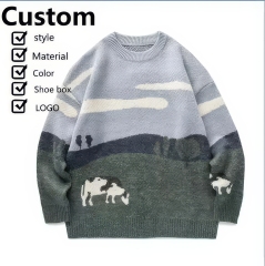 Custom OEM/ODM Pastoral Landscape Jacquard Knit Sweater – Customizable Countryside Scene Pullover with Grazing Cows | Unisex Winter Knitwear