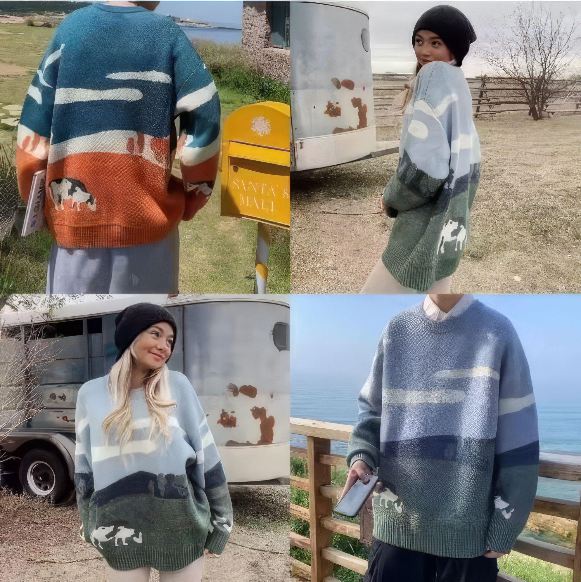Custom OEM/ODM Pastoral Landscape Jacquard Knit Sweater – Customizable Countryside Scene Pullover with Grazing Cows | Unisex Winter Knitwear