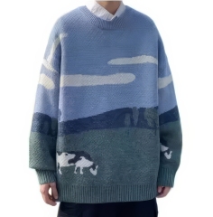 Custom OEM/ODM Pastoral Landscape Jacquard Knit Sweater – Customizable Countryside Scene Pullover with Grazing Cows | Unisex Winter Knitwear