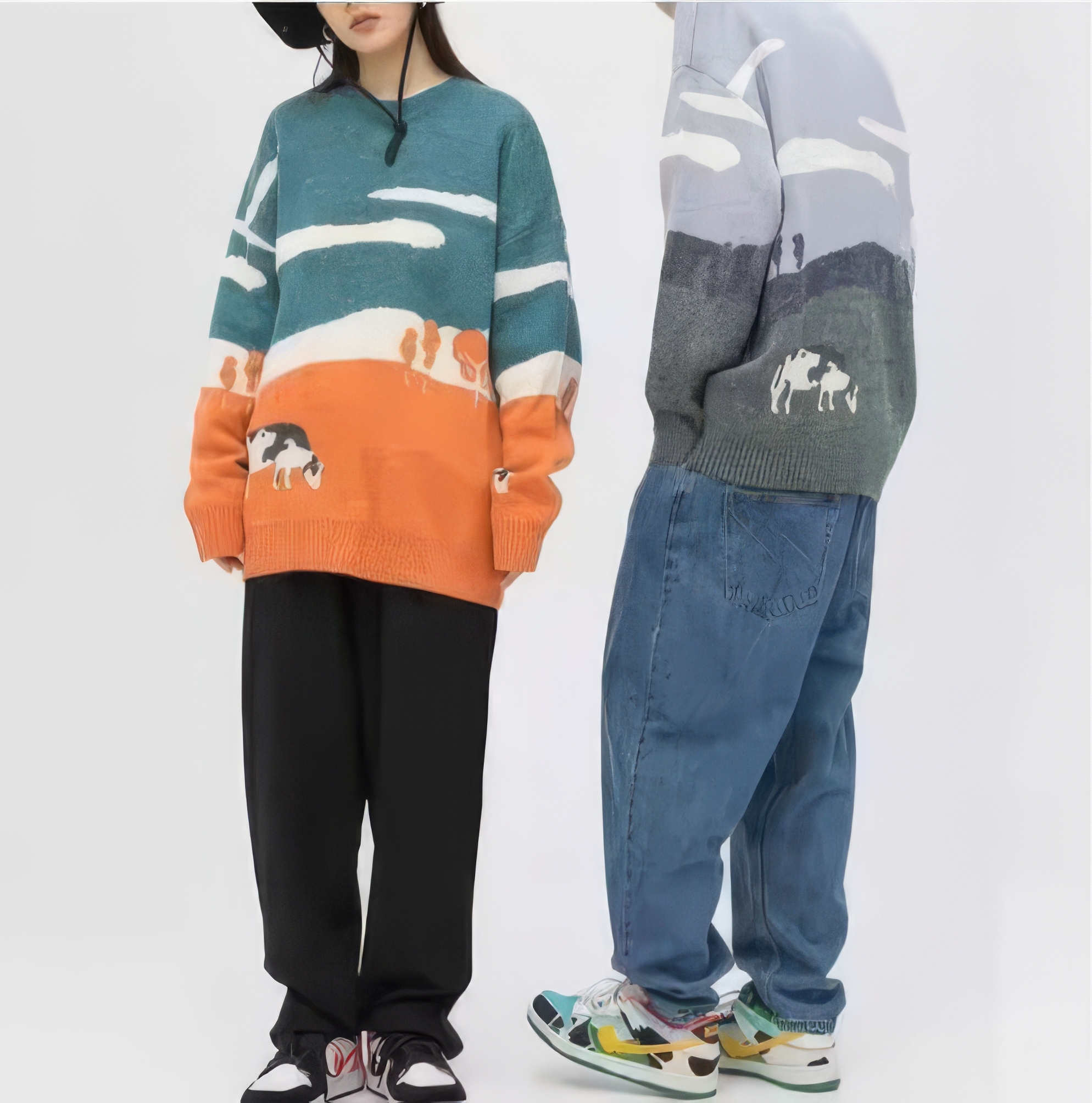 Custom OEM/ODM Pastoral Landscape Jacquard Knit Sweater – Customizable Countryside Scene Pullover with Grazing Cows | Unisex Winter Knitwear