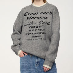 Custom OEM/ODM Vintage Distressed Graphic Knit Sweater – “Greet Each Morning” Jacquard Pullover with Raw Hem Details | Unisex Streetwear Knitwear |