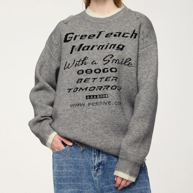 Custom OEM/ODM Vintage Distressed Graphic Knit Sweater – “Greet Each Morning” Jacquard Pullover with Raw Hem Details | Unisex Streetwear Knitwear |