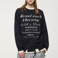 Custom OEM/ODM Vintage Distressed Graphic Knit Sweater – “Greet Each Morning” Jacquard Pullover with Raw Hem Details | Unisex Streetwear Knitwear |