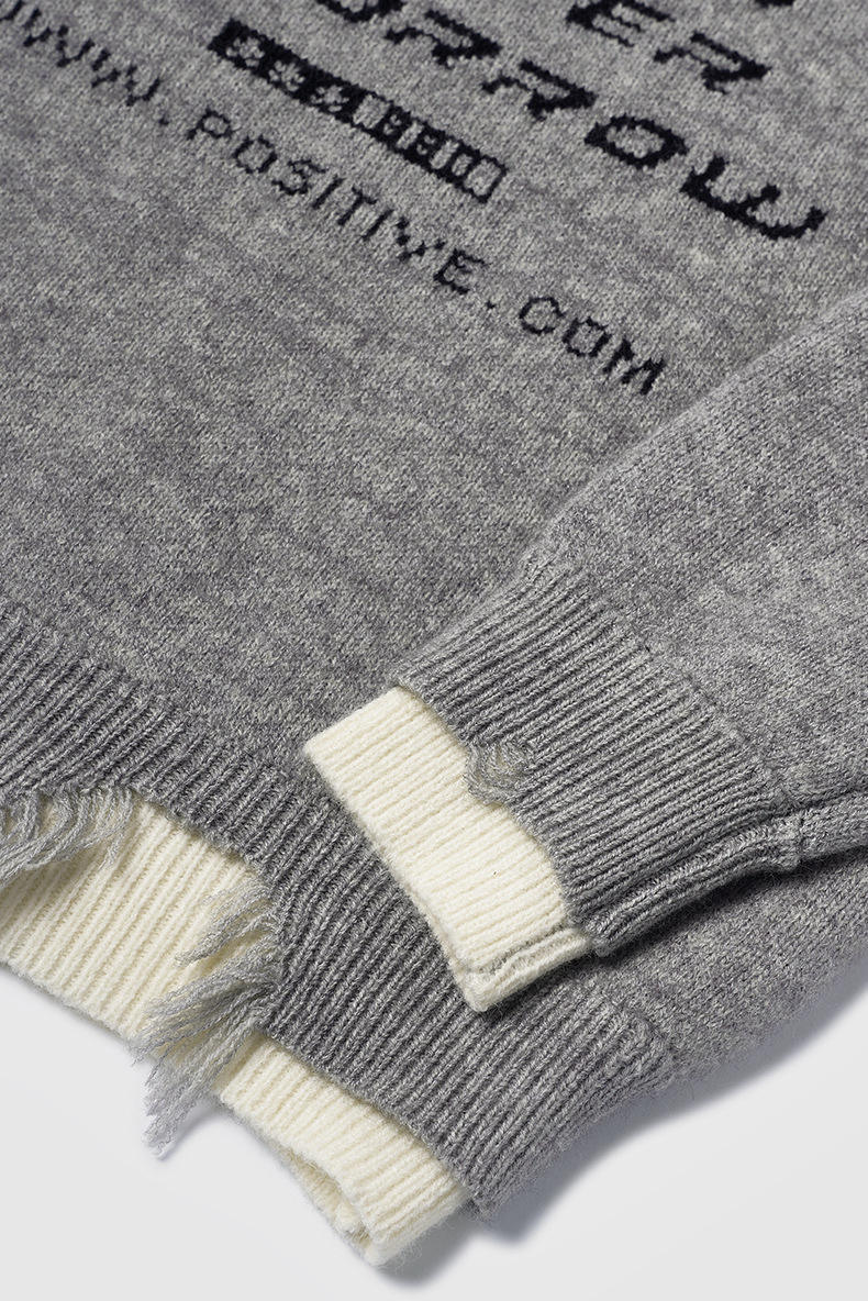 Custom OEM/ODM Vintage Distressed Graphic Knit Sweater – “Greet Each Morning” Jacquard Pullover with Raw Hem Details | Unisex Streetwear Knitwear |