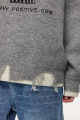 Custom OEM/ODM Vintage Distressed Graphic Knit Sweater – “Greet Each Morning” Jacquard Pullover with Raw Hem Details | Unisex Streetwear Knitwear |