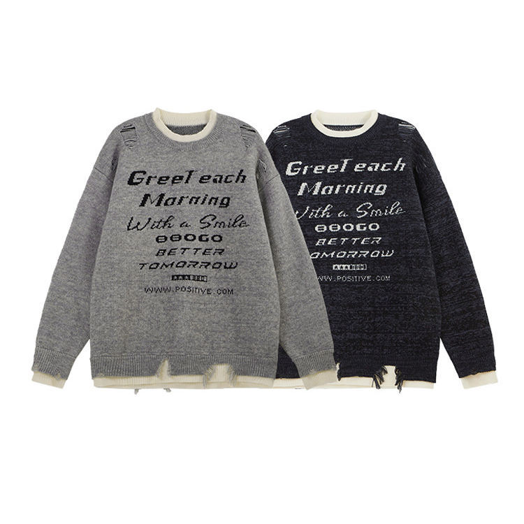Custom OEM/ODM Vintage Distressed Graphic Knit Sweater – “Greet Each Morning” Jacquard Pullover with Raw Hem Details | Unisex Streetwear Knitwear |