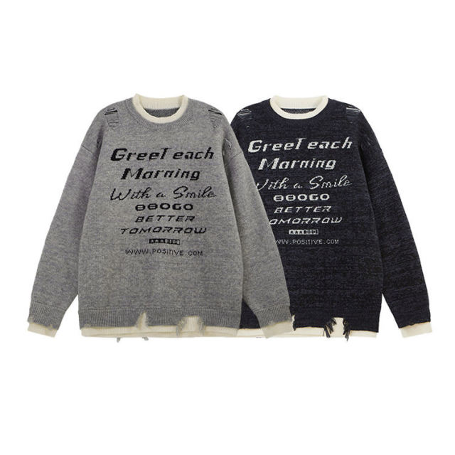 Custom OEM/ODM Vintage Distressed Graphic Knit Sweater – “Greet Each Morning” Jacquard Pullover with Raw Hem Details | Unisex Streetwear Knitwear |