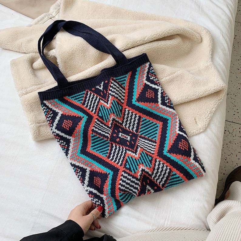 | Custom OEM/ODM Bohemian Geometric Knit Tote Bag – Large-Capacity Ethnic Pattern Shoulder Bag | Handmade-Style Woven Travel Bag