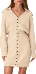 OEM ODM Wholesale Women’s Long Sleeve Button-Down Knit Sweater Dress