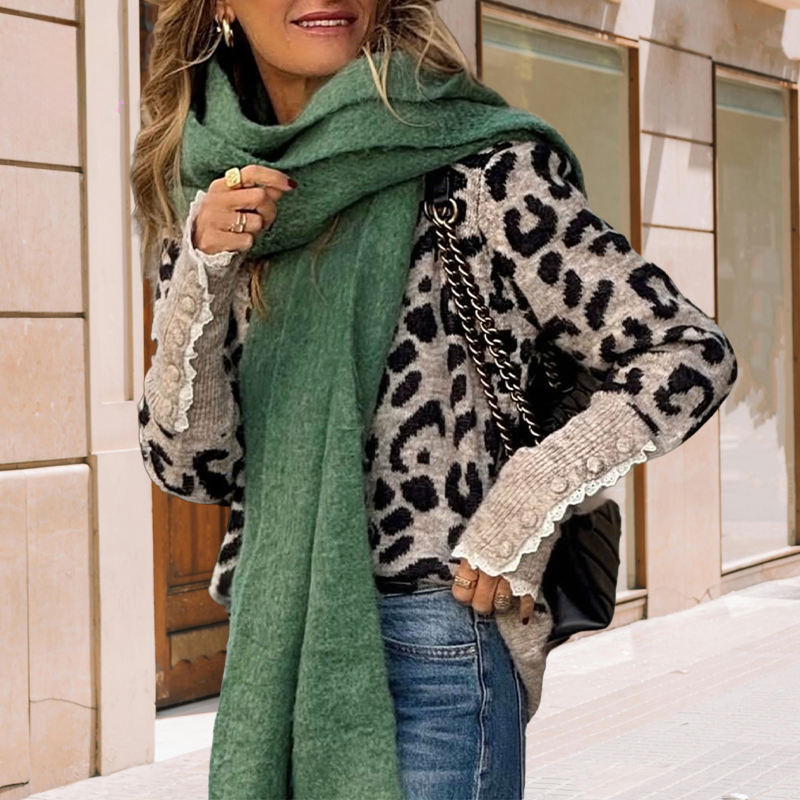 OEM ODM Women’s Leopard Print Knit Sweater with Lace Trim Cuffs