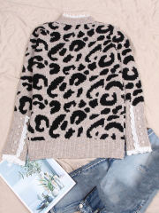 OEM ODM Women’s Leopard Print Knit Sweater with Lace Trim Cuffs