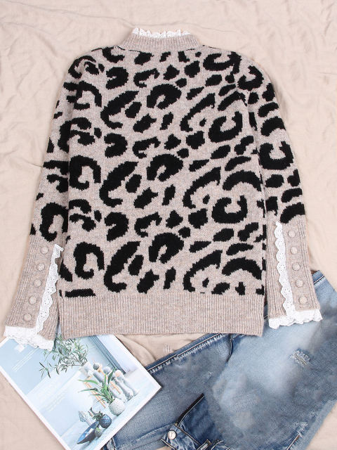 OEM ODM Women’s Leopard Print Knit Sweater with Lace Trim Cuffs