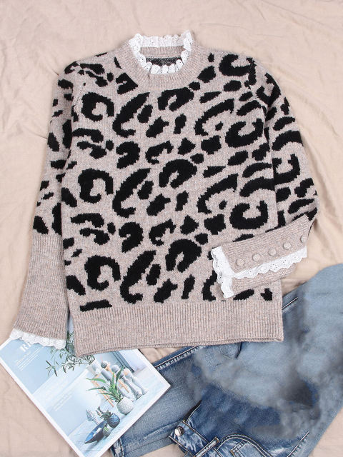 OEM ODM Women’s Leopard Print Knit Sweater with Lace Trim Cuffs