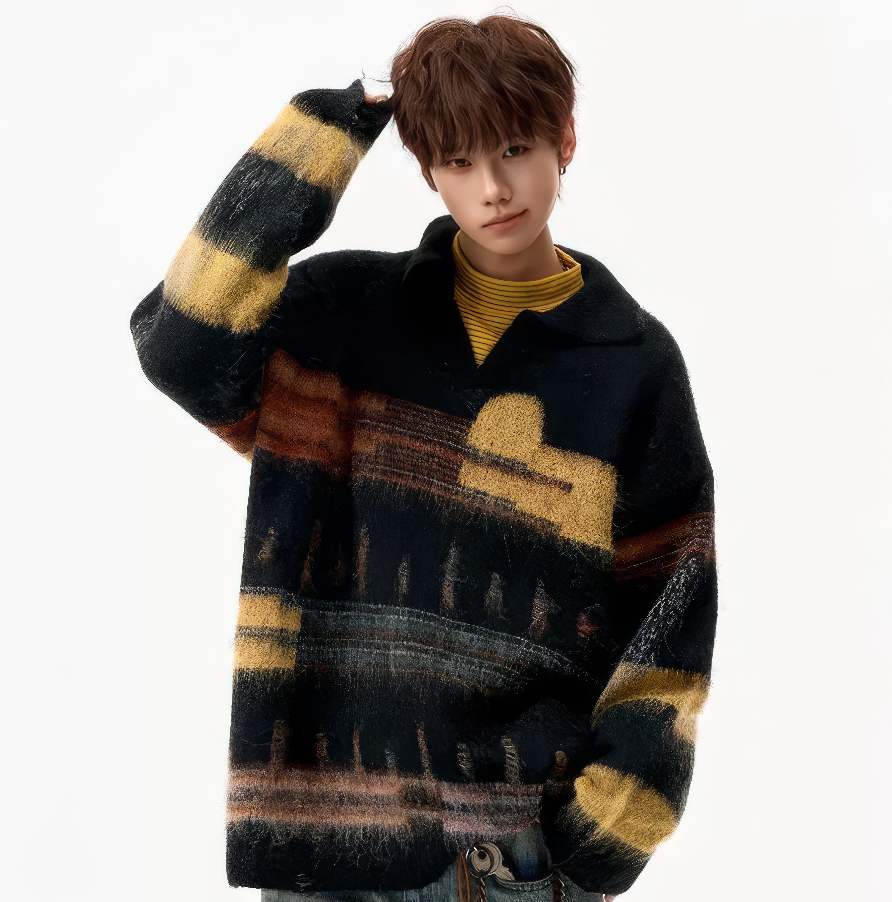 OEM ODM Men’s Abstract Pattern Fuzzy Knit Pullover Sweater – Vintage Style Winter Top