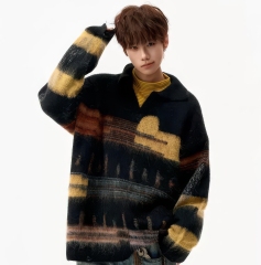 OEM ODM Men’s Abstract Pattern Fuzzy Knit Pullover Sweater – Vintage Style Winter Top