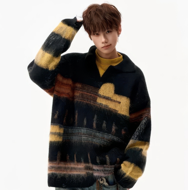 OEM ODM Men’s Abstract Pattern Fuzzy Knit Pullover Sweater – Vintage Style Winter Top