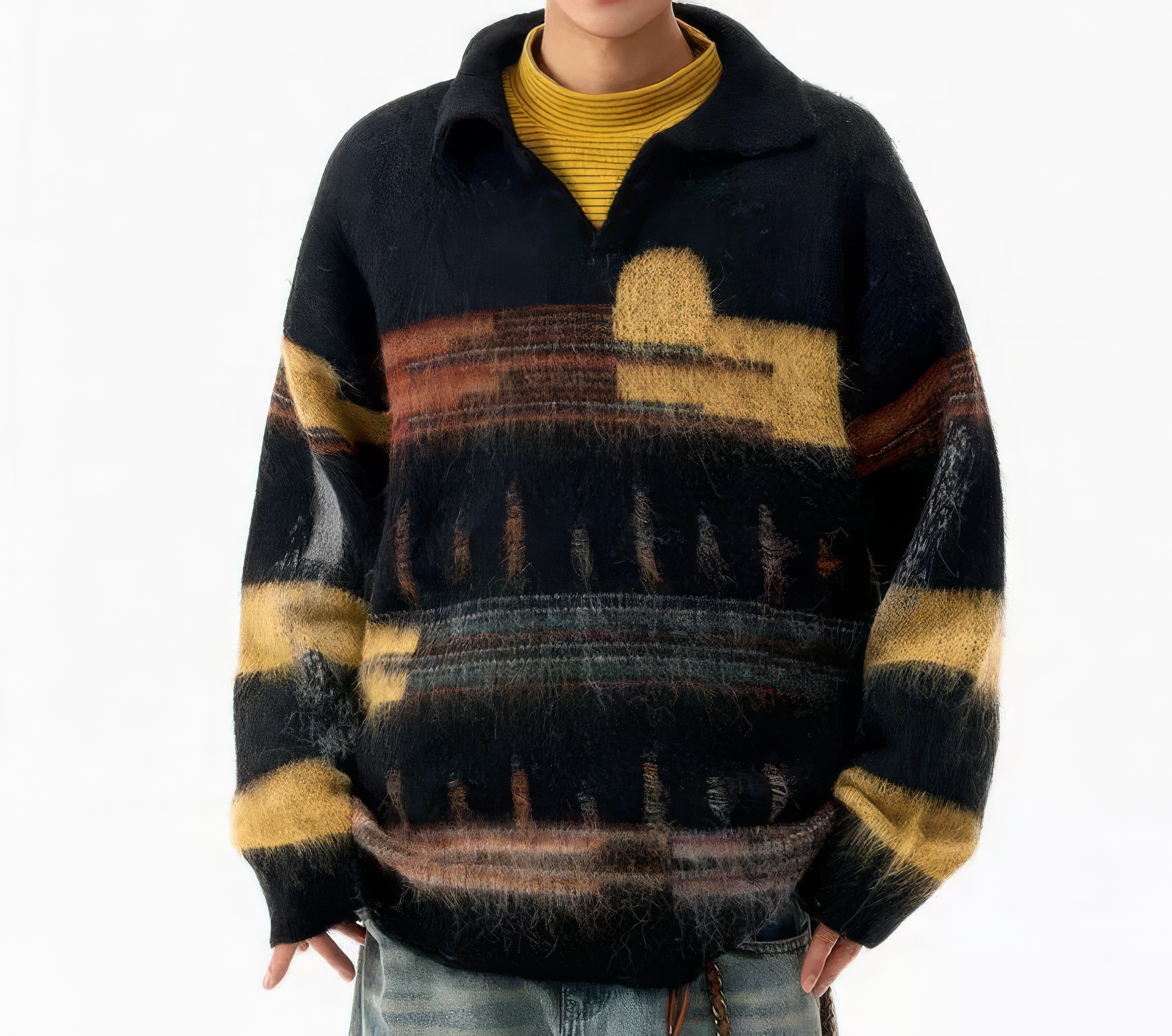 OEM ODM Men’s Abstract Pattern Fuzzy Knit Pullover Sweater – Vintage Style Winter Top