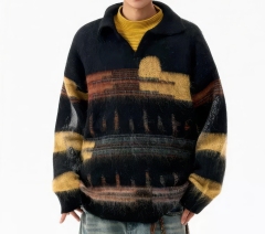 OEM ODM Men’s Abstract Pattern Fuzzy Knit Pullover Sweater – Vintage Style Winter Top