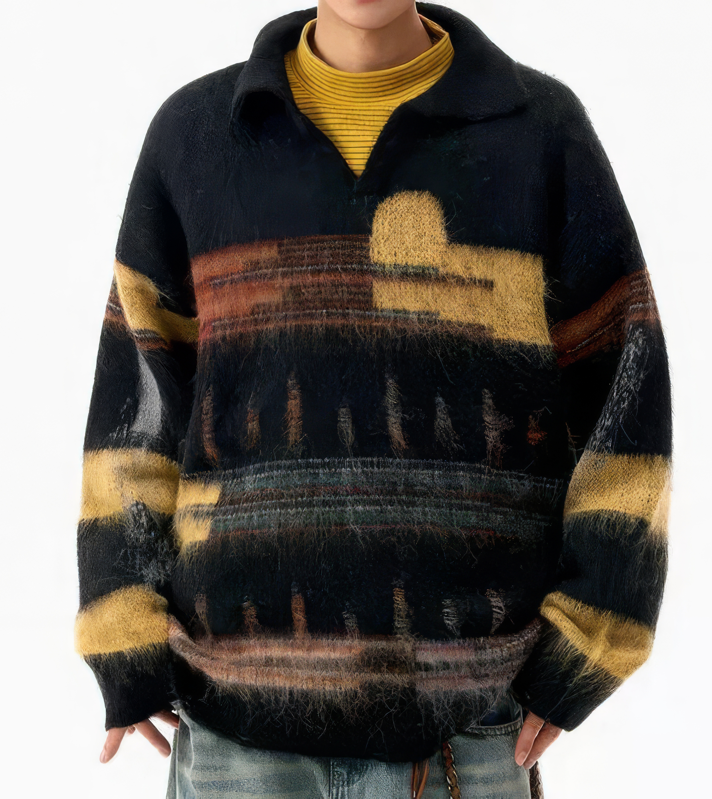 OEM ODM Men’s Abstract Pattern Fuzzy Knit Pullover Sweater – Vintage Style Winter Top