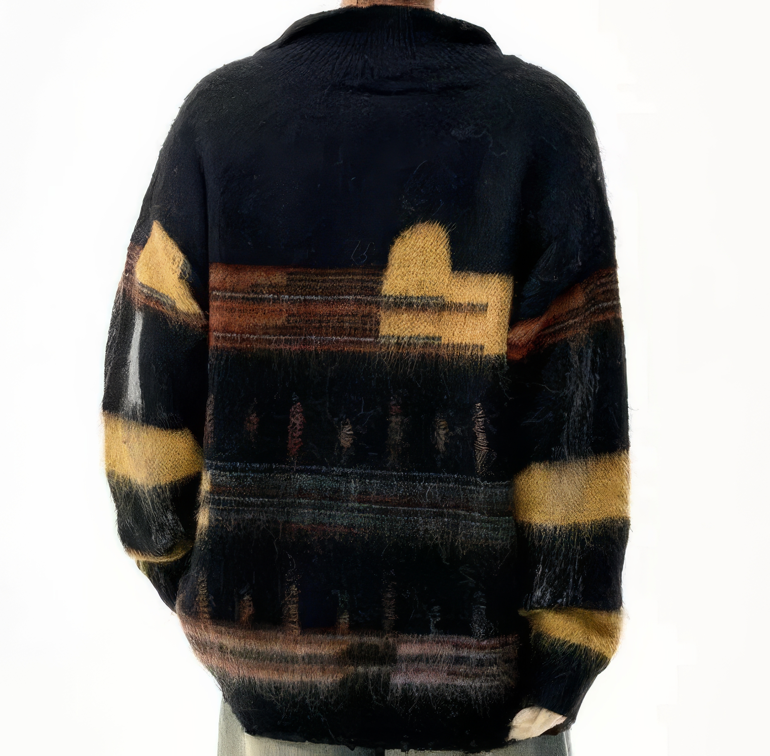 OEM ODM Men’s Abstract Pattern Fuzzy Knit Pullover Sweater – Vintage Style Winter Top