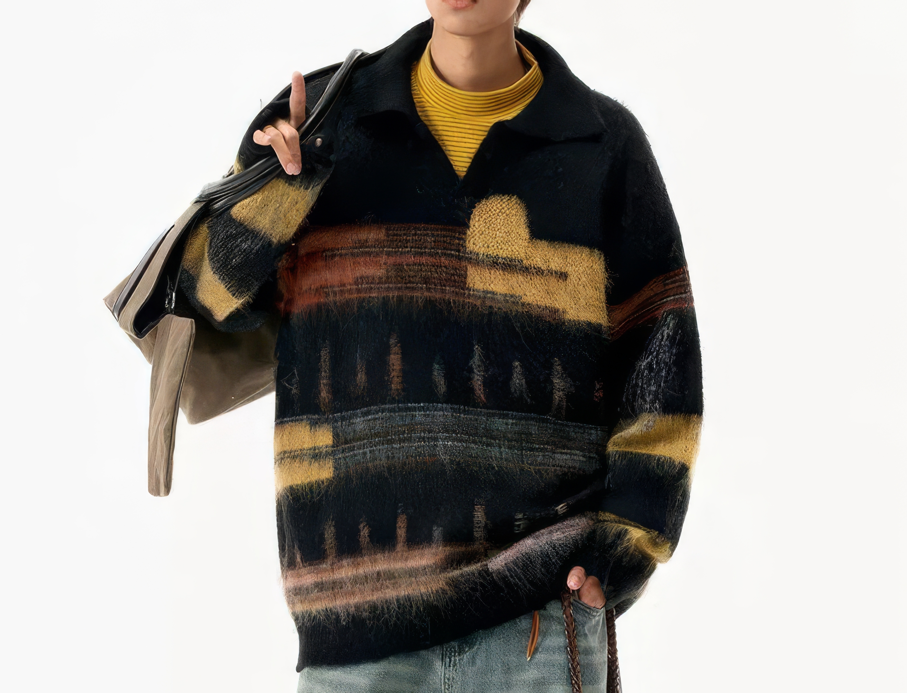 OEM ODM Men’s Abstract Pattern Fuzzy Knit Pullover Sweater – Vintage Style Winter Top