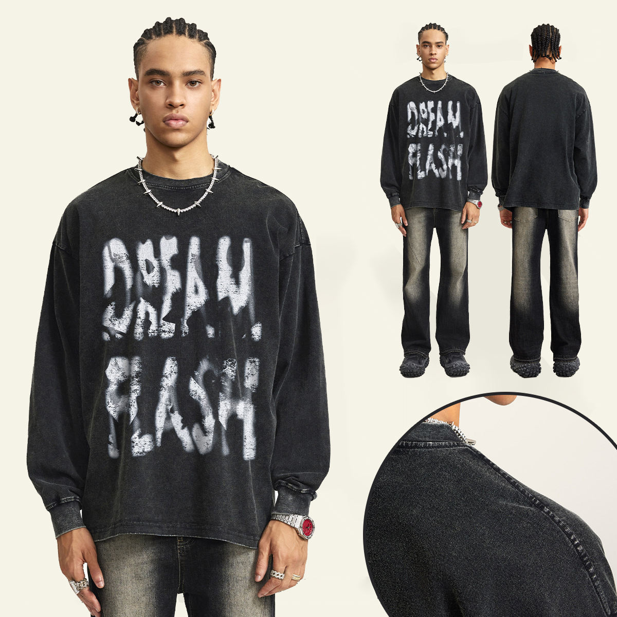 Personalized Heavy Flash Washed Graffiti Print Oversized Long Sleeve T-Shirt