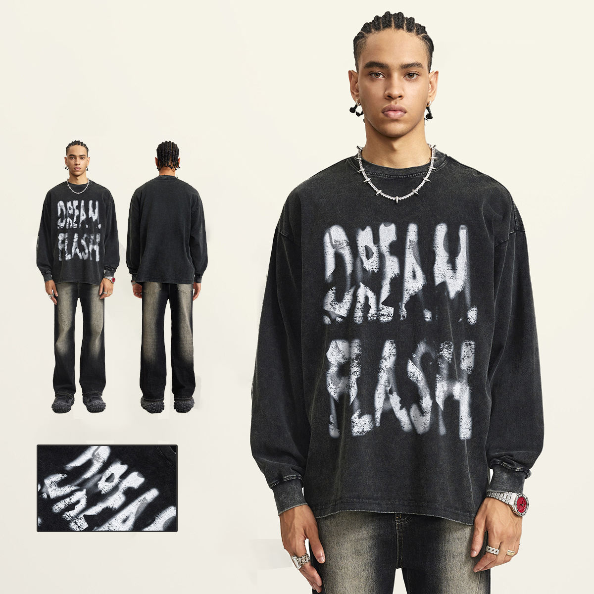 Personalized Heavy Flash Washed Graffiti Print Oversized Long Sleeve T-Shirt