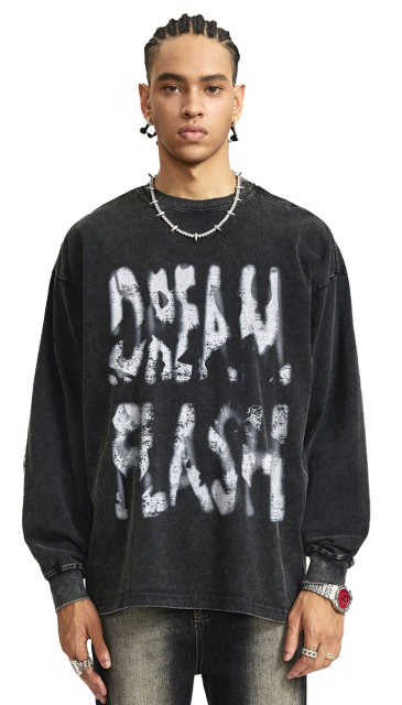 Personalized Heavy Flash Washed Graffiti Print Oversized Long Sleeve T-Shirt