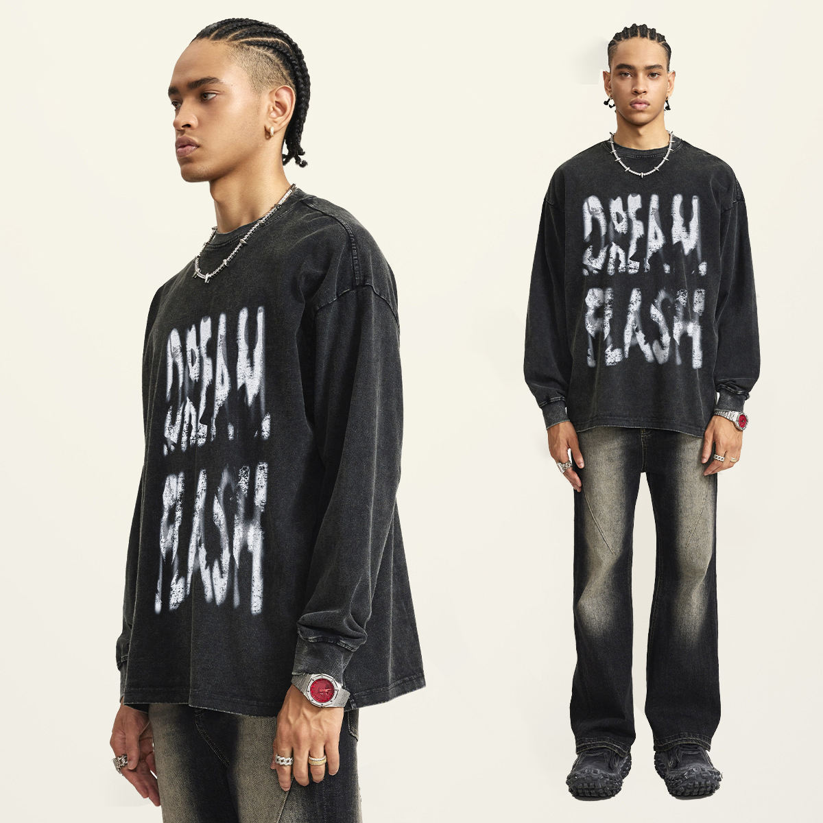 Personalized Heavy Flash Washed Graffiti Print Oversized Long Sleeve T-Shirt