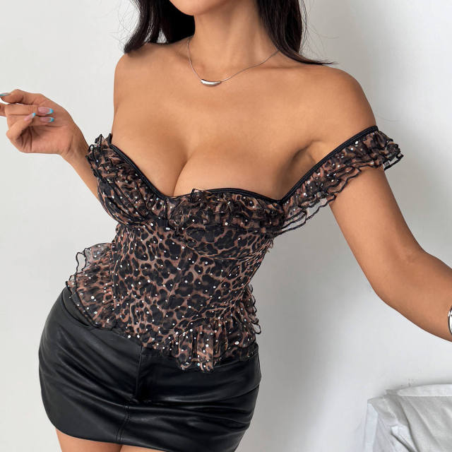 Personalized Leopard Lace Ruffle Trim Bustier Corset Top