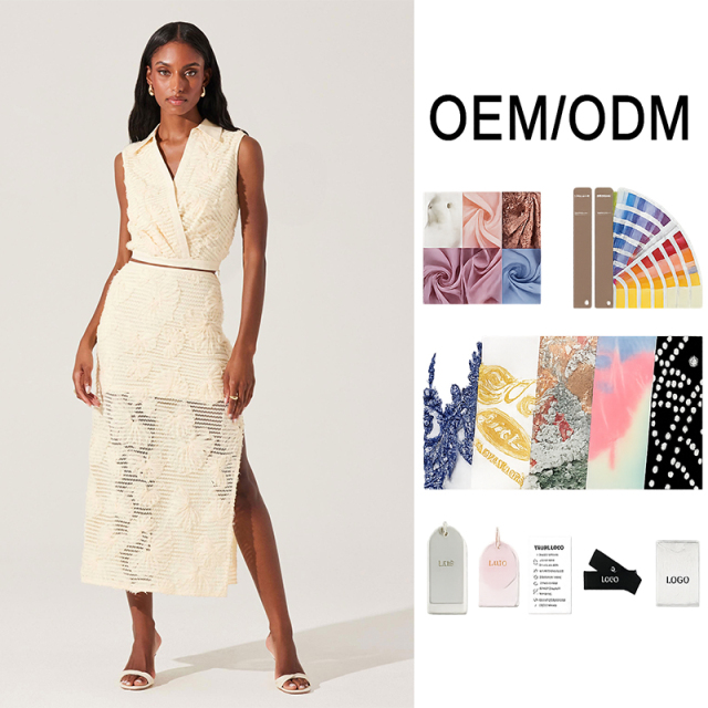 Personalized Ivory Floral Lace Sleeveless Top & Midi Skirt Two-Piece Set