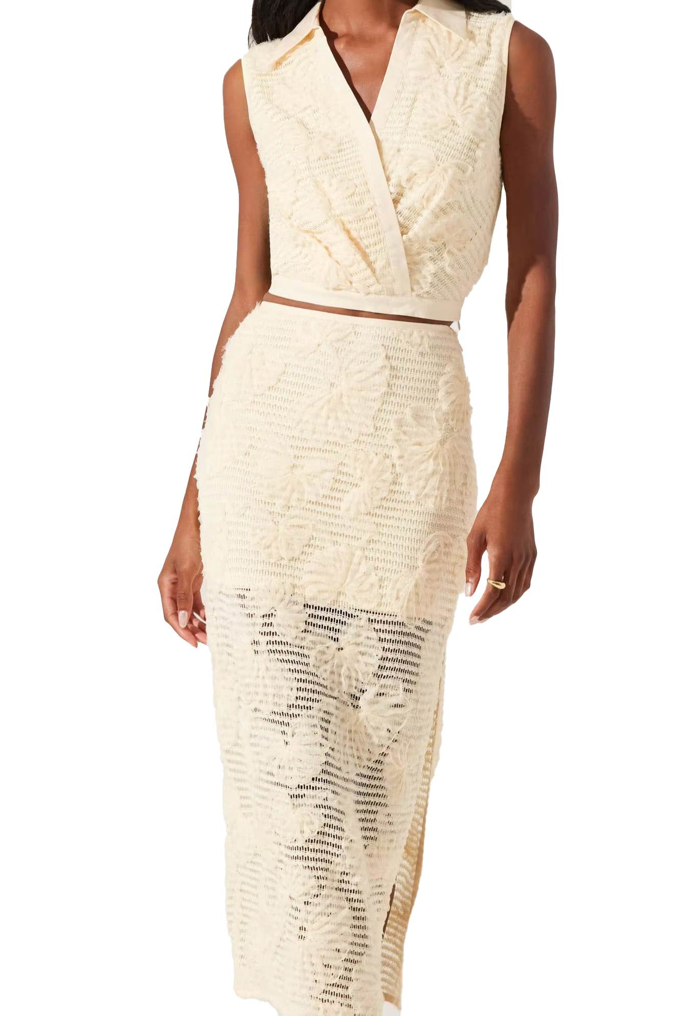 Personalized Ivory Floral Lace Sleeveless Top & Midi Skirt Two-Piece Set