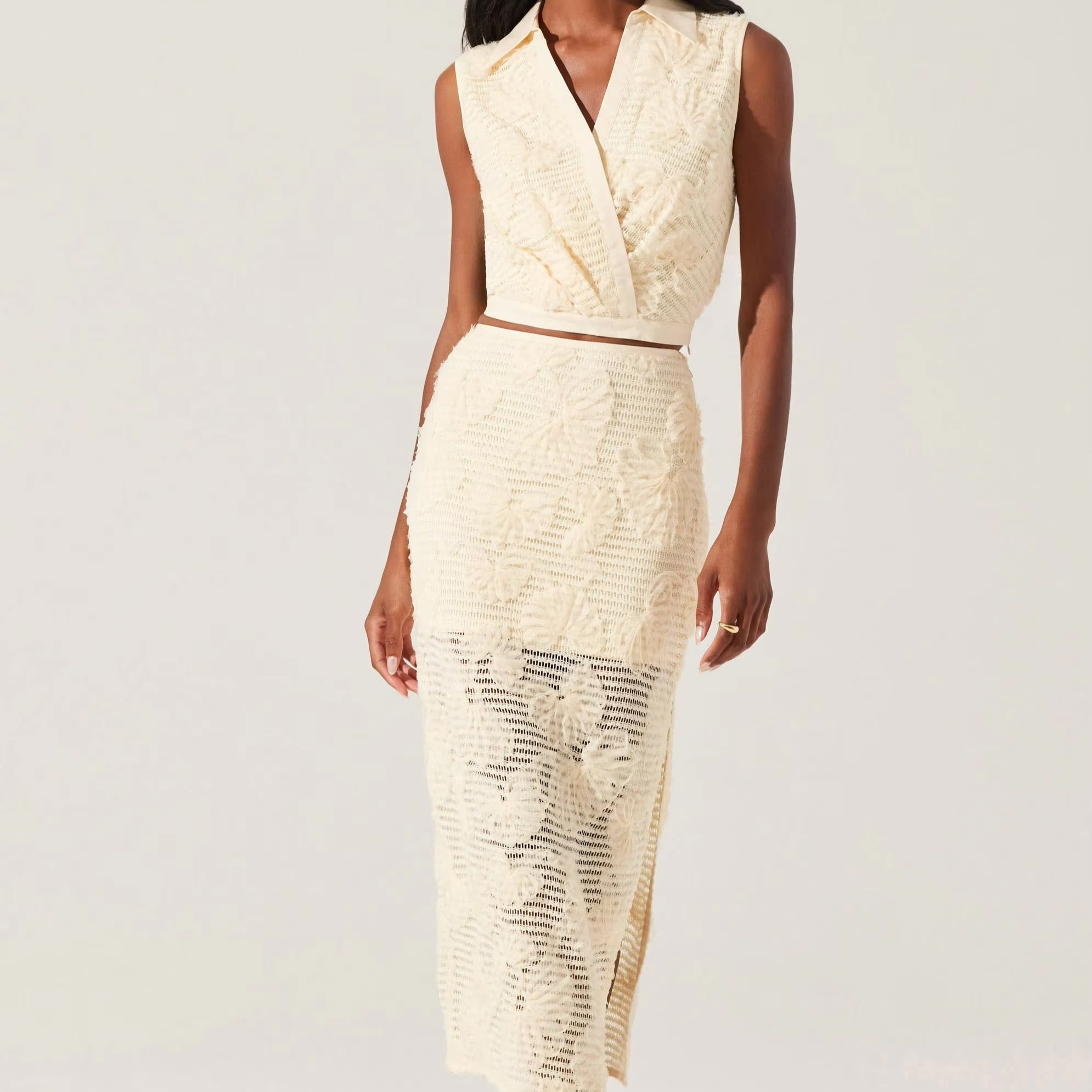 Personalized Ivory Floral Lace Sleeveless Top & Midi Skirt Two-Piece Set