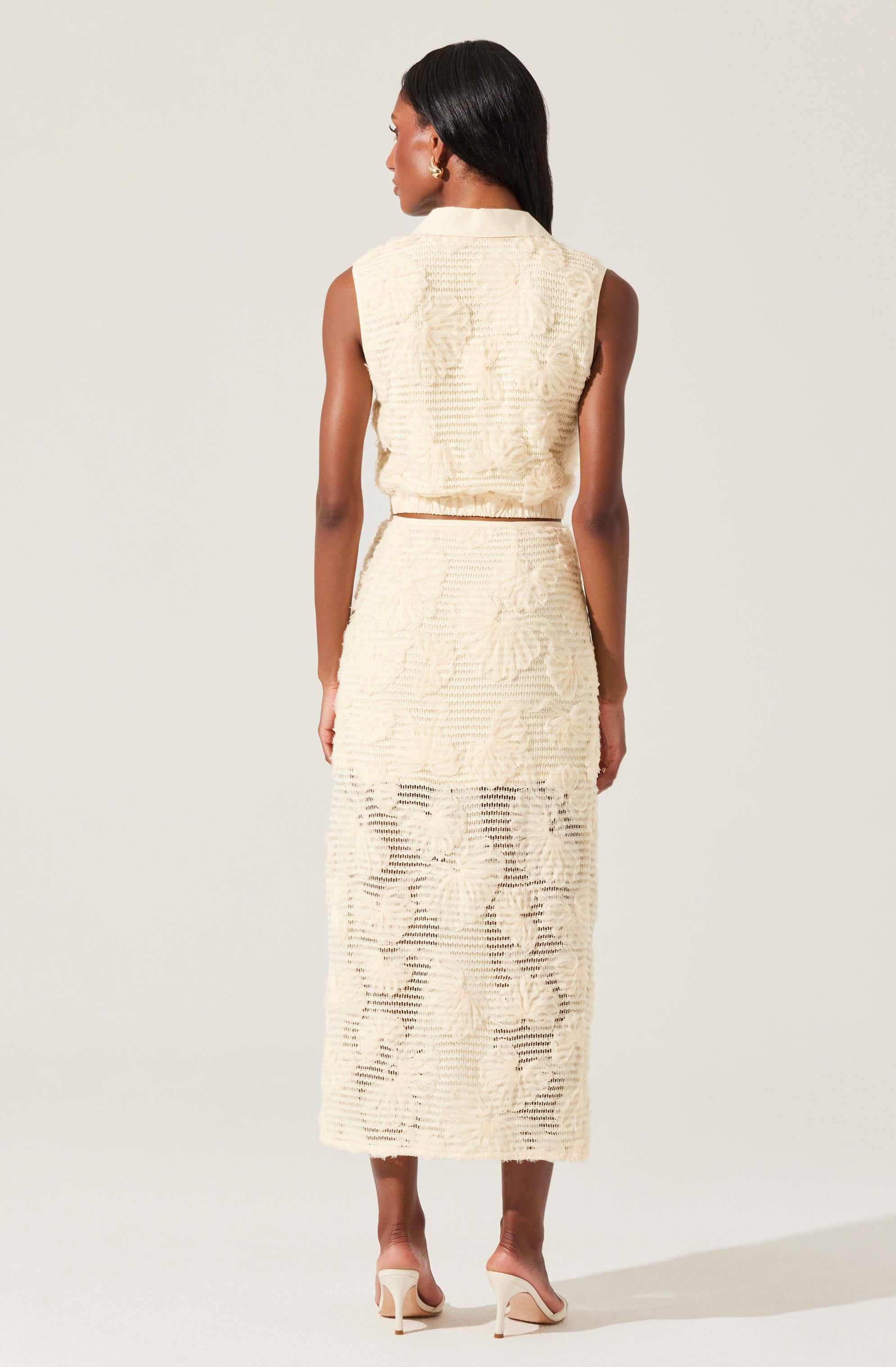 Personalized Ivory Floral Lace Sleeveless Top & Midi Skirt Two-Piece Set
