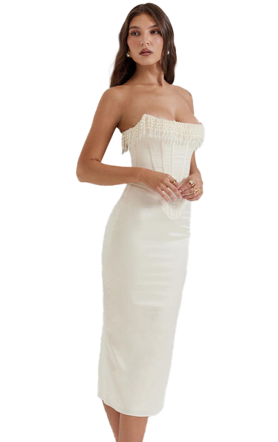 OEM ODM Ivory Strapless Fringe Trim Corset Midi Dress