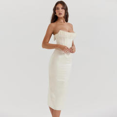 OEM ODM Ivory Strapless Fringe Trim Corset Midi Dress