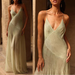 Customized Sage Green Pleated V-Neck Spaghetti Strap Maxi Dress
