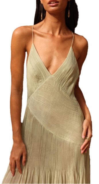 Customized Sage Green Pleated V-Neck Spaghetti Strap Maxi Dress