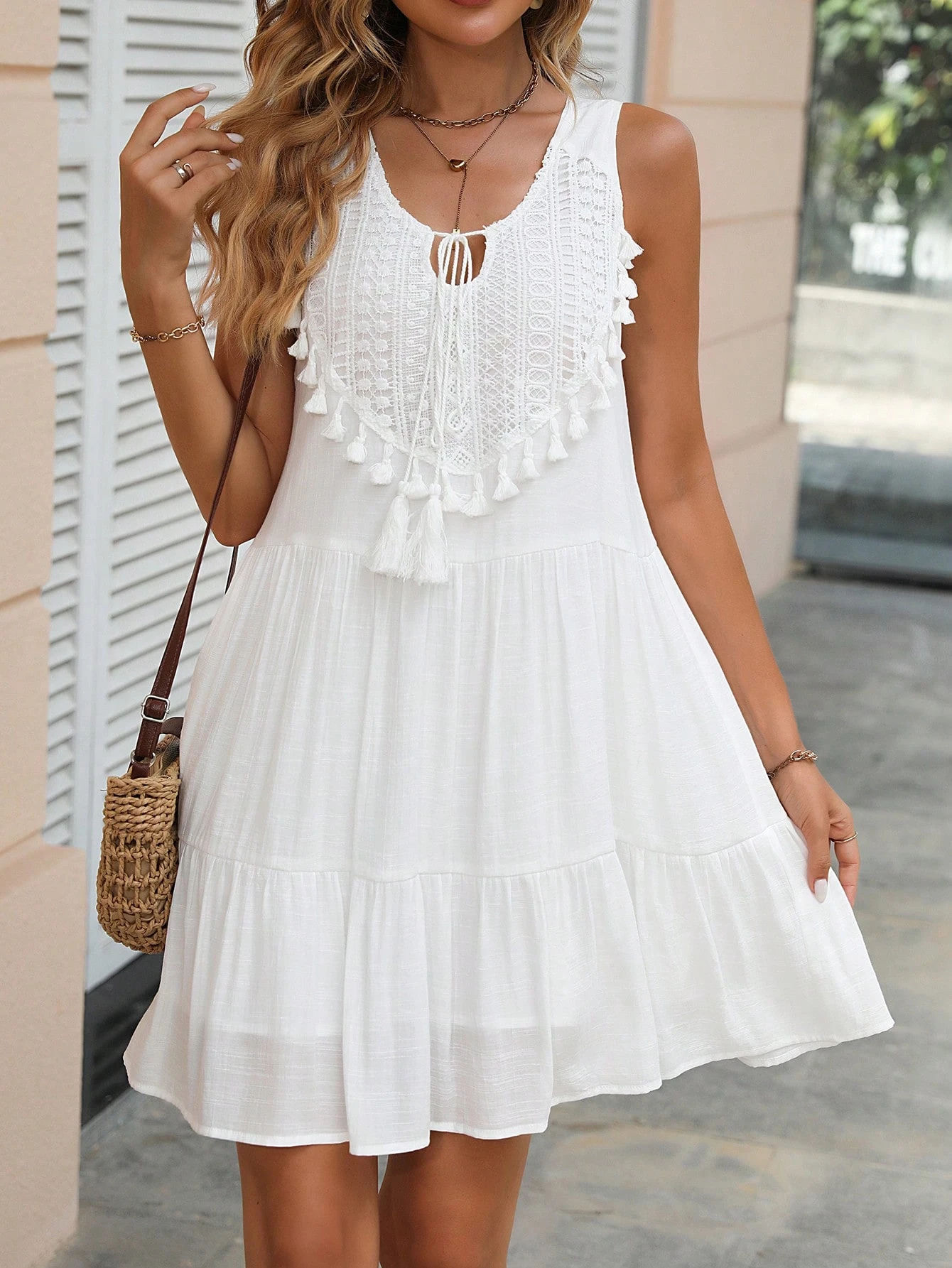 Customized Beige Bohemian Lace Tassel Sleeveless Midi Dress